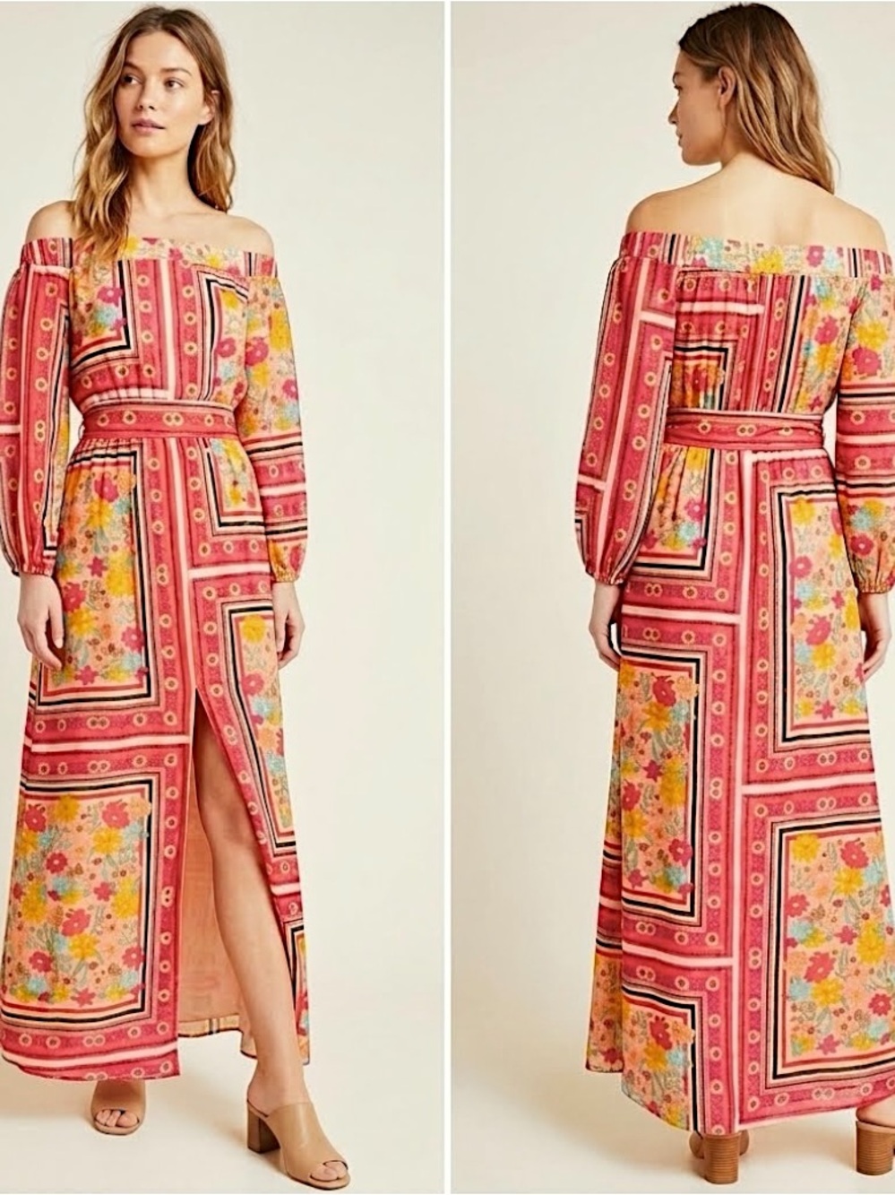 NWT Anthropologie Laia Dea Patchwork Floral Silk Off The Shoulder Maxi Dress XXS